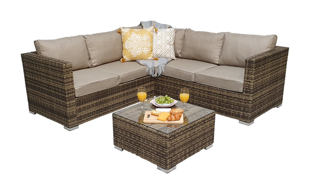 GEORGIA Corner Sofa Set Mixed Brown PE rattan with beige cushions